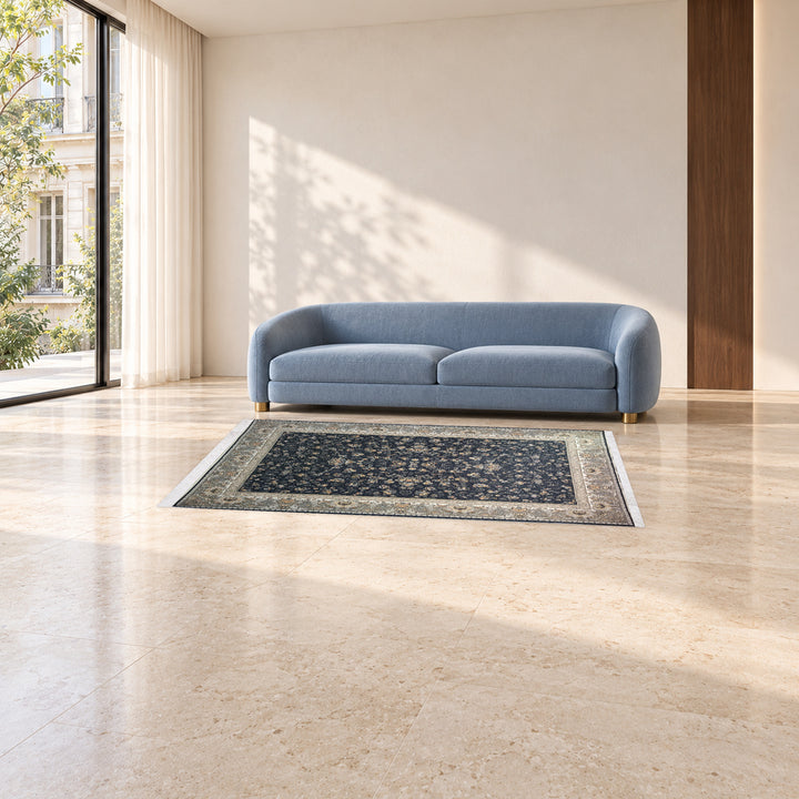 Classic Carpet - Royal Rose: original rug image digitally staged in a distinct contemporary home; nominal 225 × 150 cm