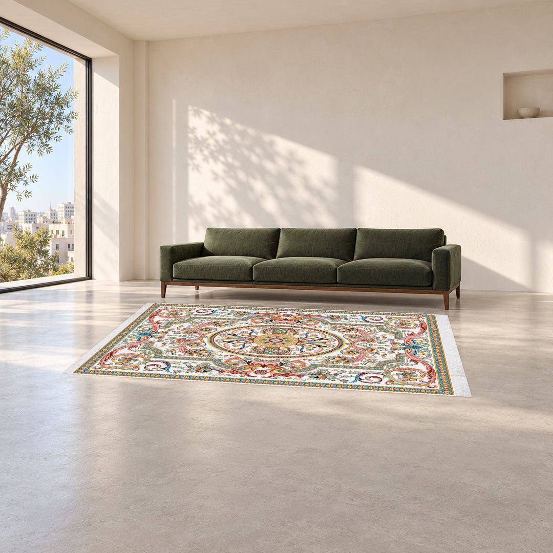 Classic Carpet - Rubina: original rug image digitally staged in a distinct contemporary home; nominal 300 × 200 cm