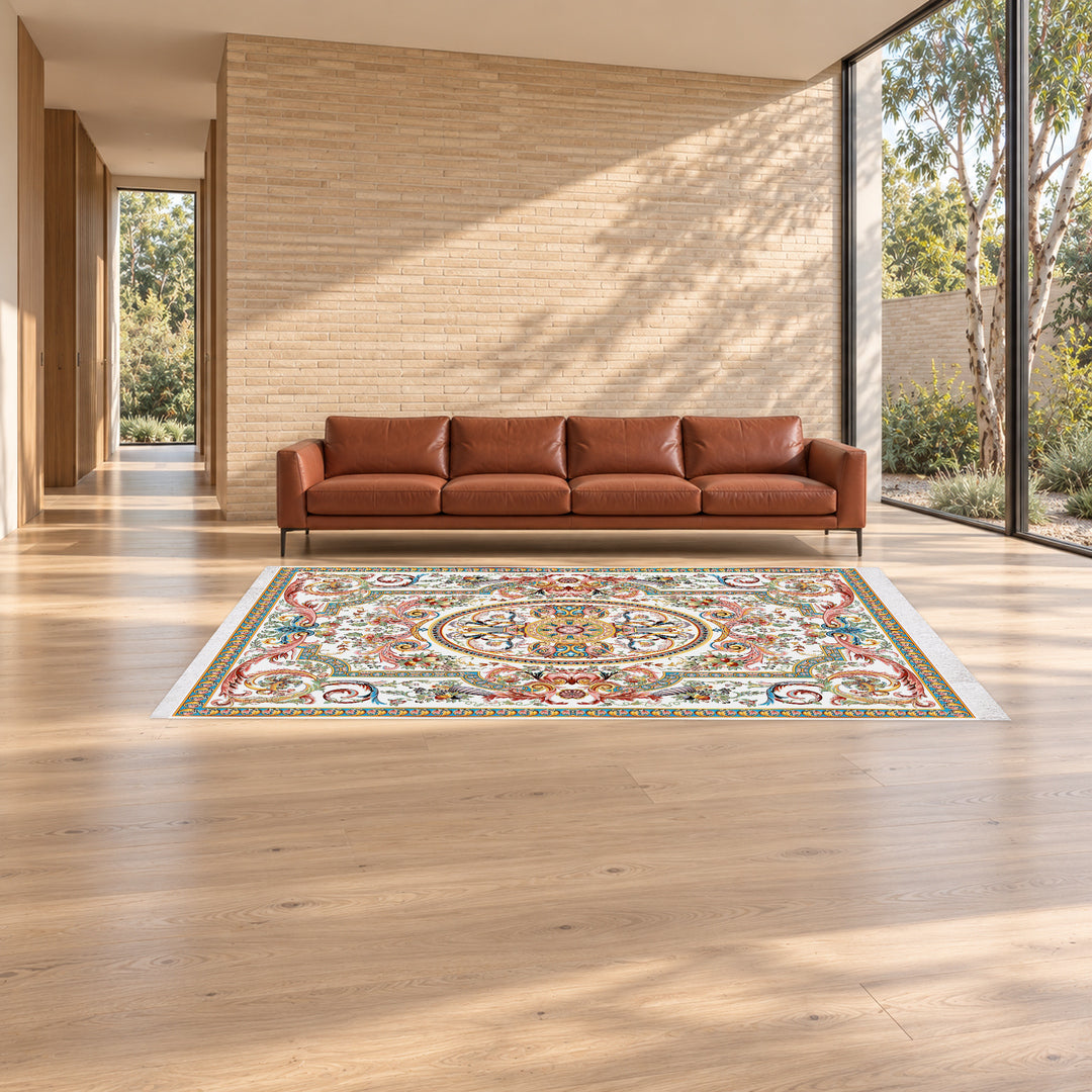 Classic Carpet - Rubina: original rug image digitally staged in a distinct contemporary home; nominal 300 × 200 cm