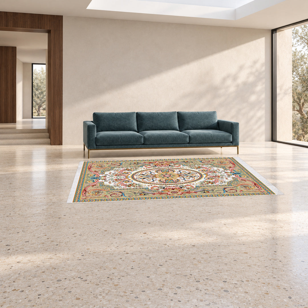 Classic Carpet - Rubina: original rug image digitally staged in a distinct contemporary home; nominal 300 × 200 cm
