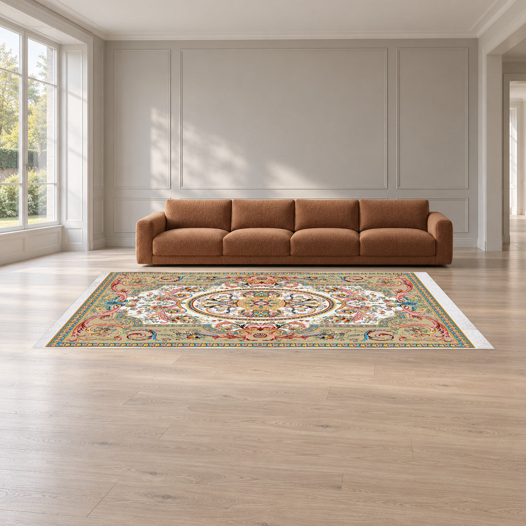 Classic Carpet - Rubina: original rug image digitally staged in a distinct contemporary home; nominal 300 × 200 cm
