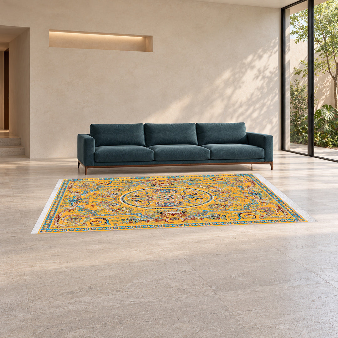 Classic Carpet - Rubina: original rug image digitally staged in a distinct contemporary home; nominal 300 × 200 cm