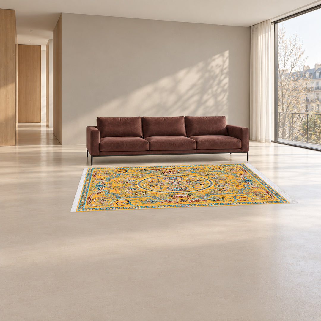 Classic Carpet - Rubina: original rug image digitally staged in a distinct contemporary home; nominal 300 × 200 cm