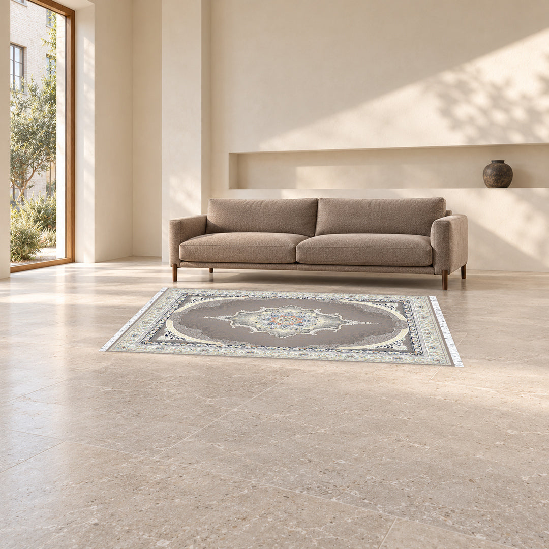 Classic Carpet - Savona: original rug image digitally staged in a distinct contemporary home; nominal 225 × 150 cm