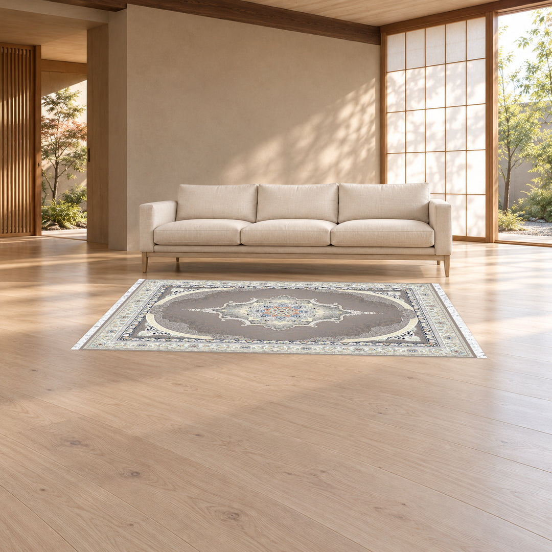 Classic Carpet - Savona: original rug image digitally staged in a distinct contemporary home; nominal 225 × 150 cm