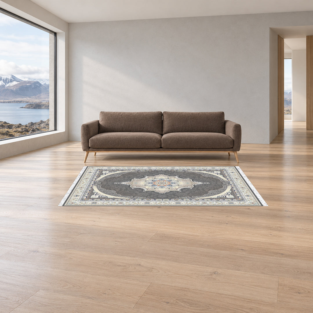 Classic Carpet - Savona: original rug image digitally staged in a distinct contemporary home; nominal 225 × 150 cm
