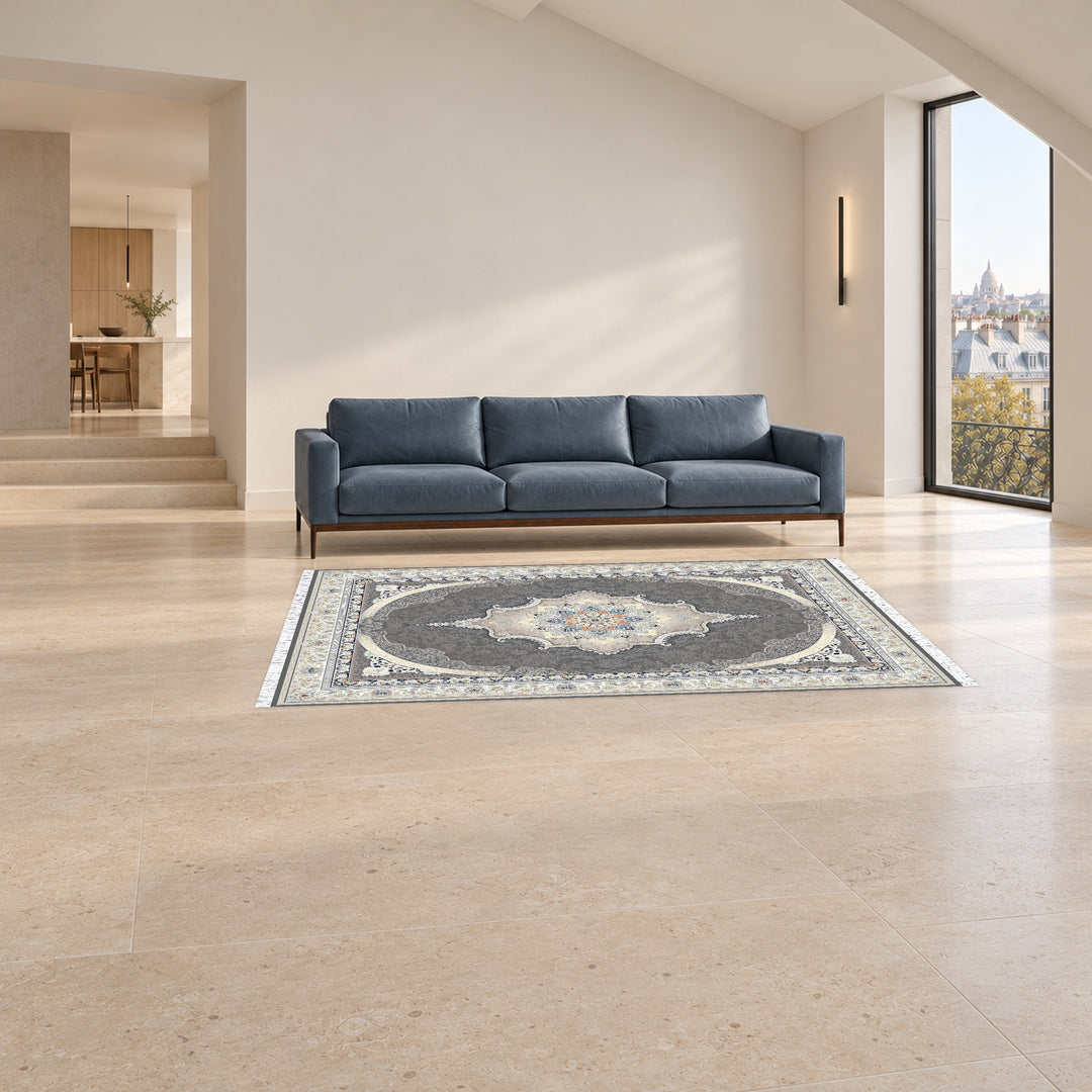 Classic Carpet - Savona: original rug image digitally staged in a distinct contemporary home; nominal 225 × 150 cm
