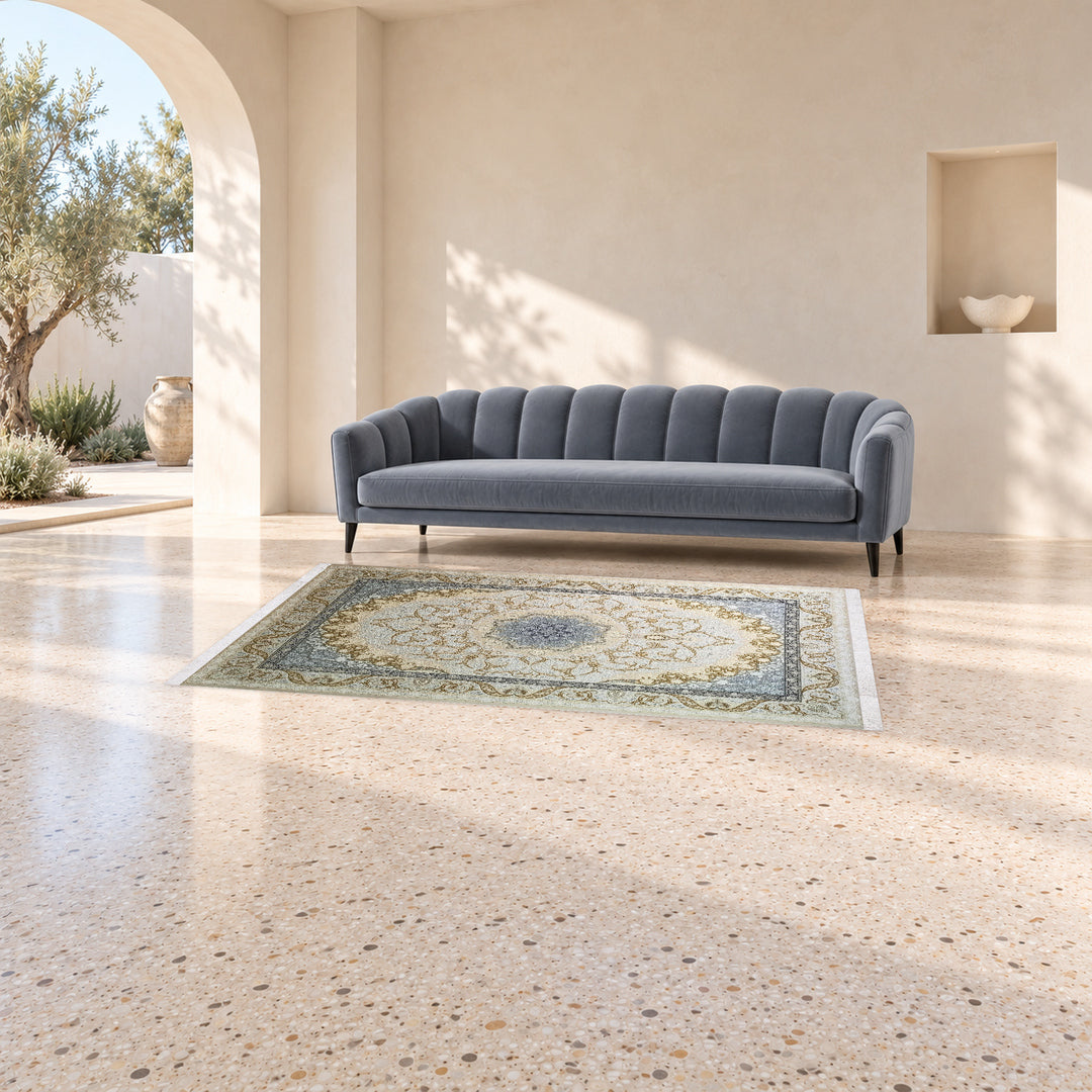Classic Carpet - Serene Frame: original rug image digitally staged in a distinct contemporary home; nominal 225 × 150 cm