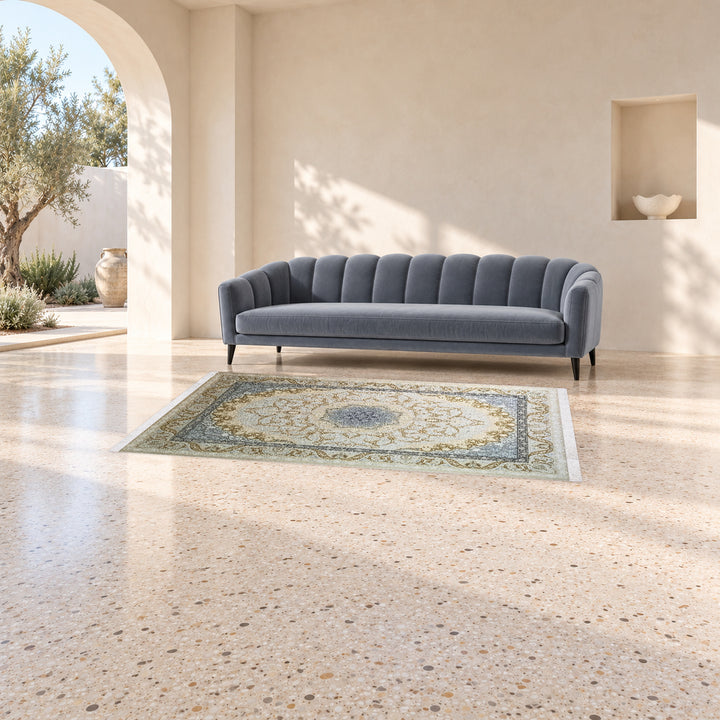 Classic Carpet - Serene Frame: original rug image digitally staged in a distinct contemporary home; nominal 225 × 150 cm