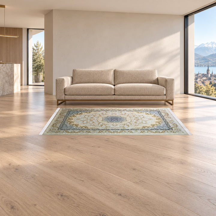 Classic Carpet - Serene Frame: original rug image digitally staged in a distinct contemporary home; nominal 225 × 150 cm