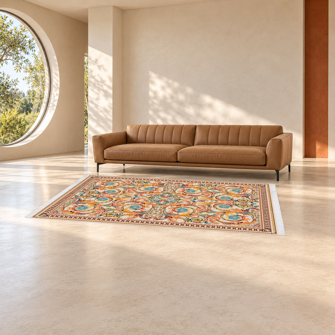 Classic Carpet - Serenia: original rug image digitally staged in a distinct contemporary home; nominal 300 × 200 cm