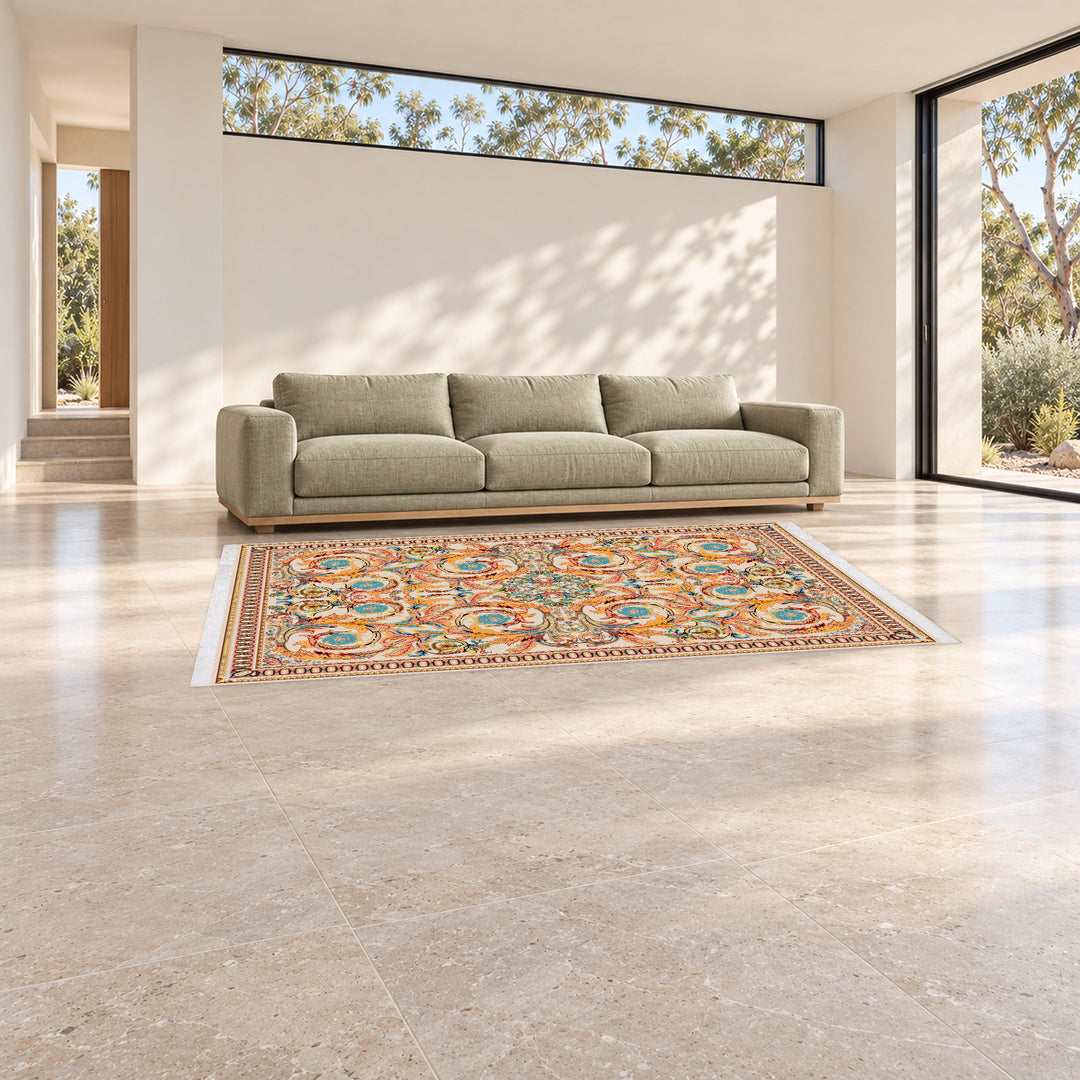 Classic Carpet - Serenia: original rug image digitally staged in a distinct contemporary home; nominal 300 × 200 cm