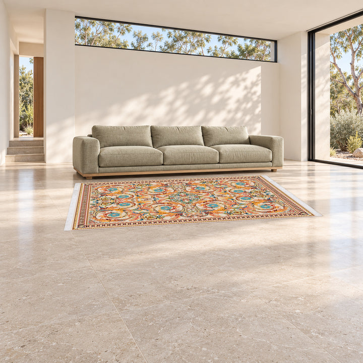 Classic Carpet - Serenia: original rug image digitally staged in a distinct contemporary home; nominal 300 × 200 cm