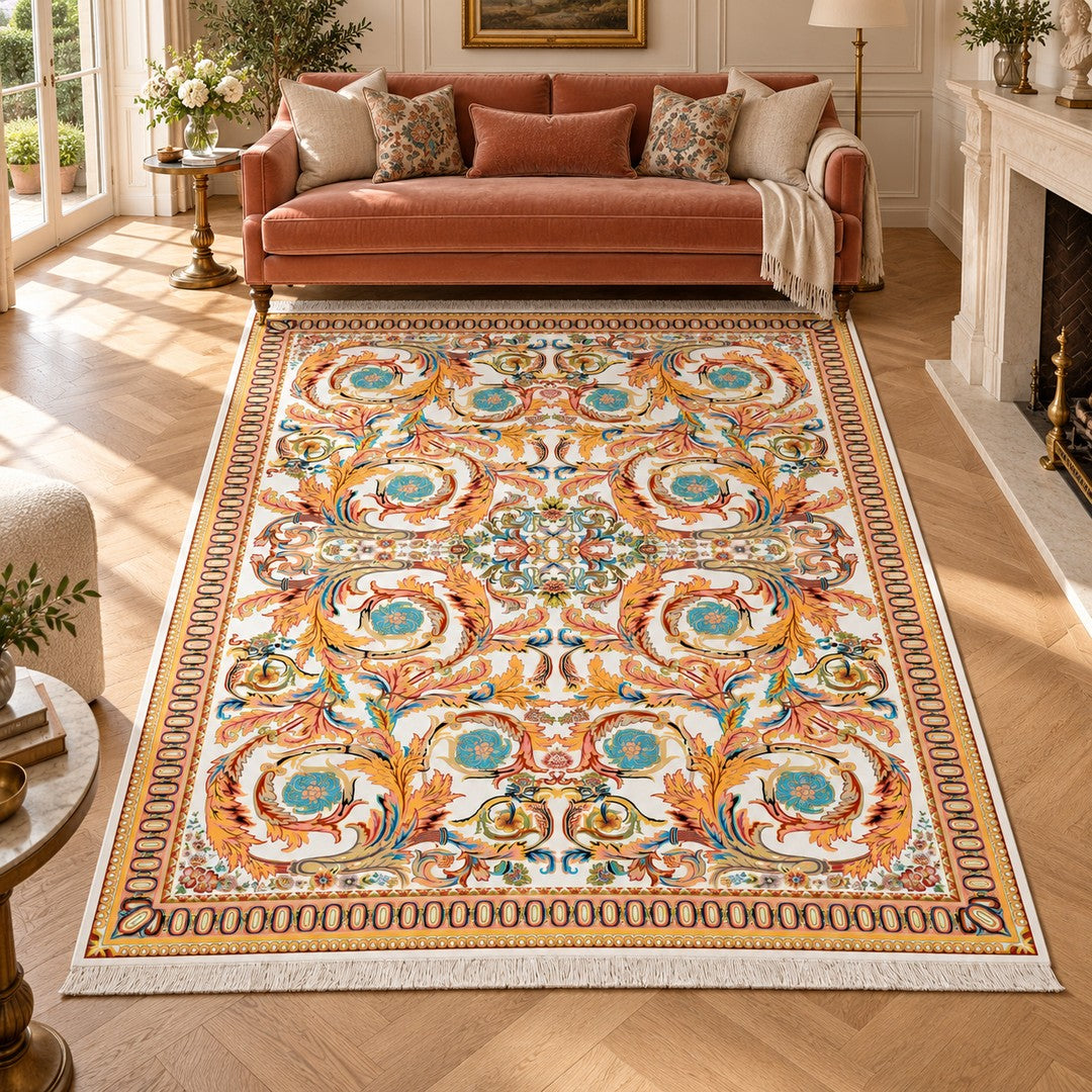 AI-generated interior visualization — Classic Carpet - Serenia, SKU 12RD126-0036, 300 x 200 cm. Illustrative scale.
