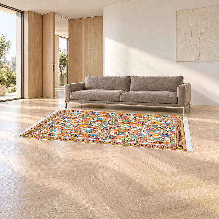 Classic Carpet - Serenia: original rug image digitally staged in a distinct contemporary home; nominal 300 × 200 cm