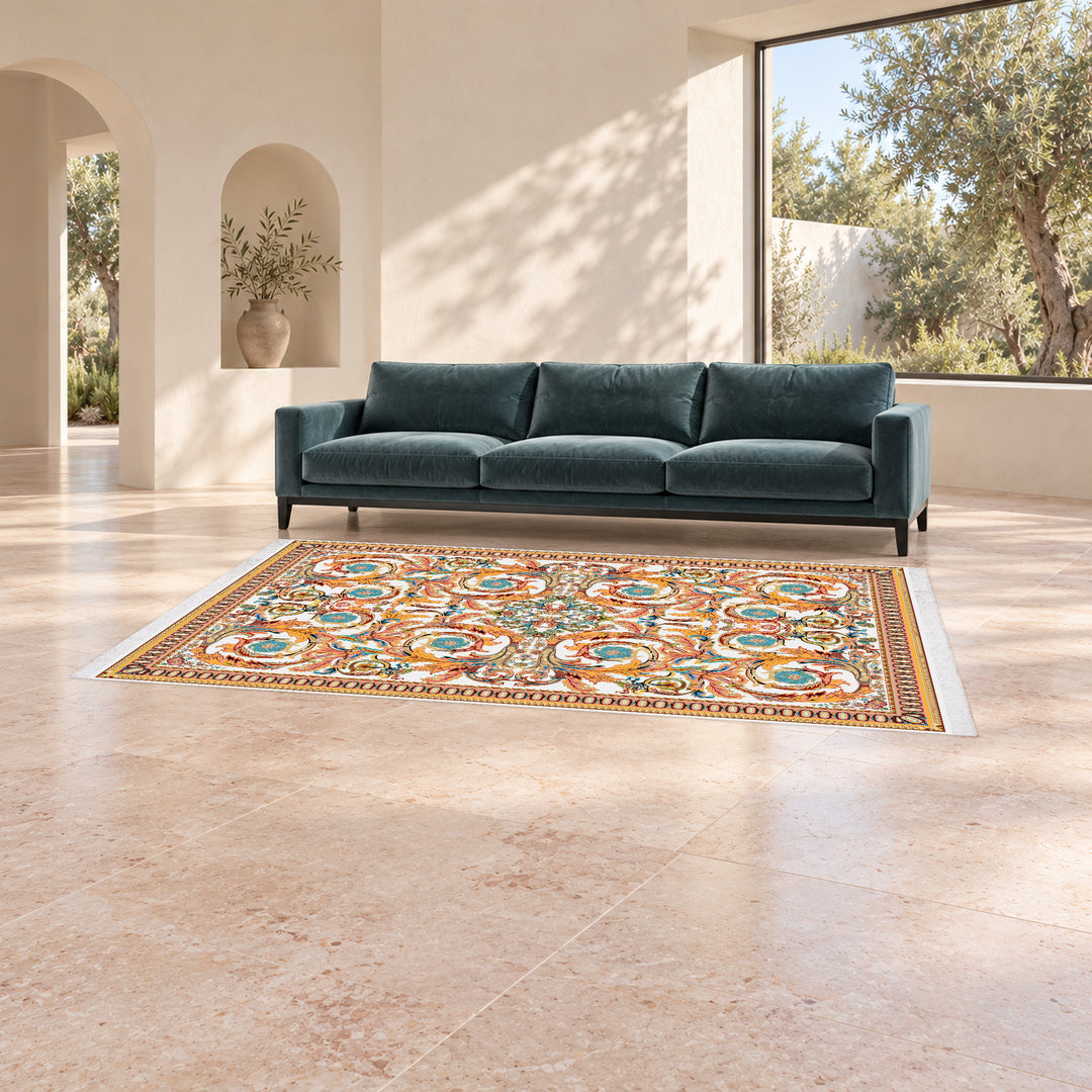 Classic Carpet - Serenia: original rug image digitally staged in a distinct contemporary home; nominal 300 × 200 cm