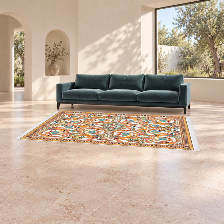 Classic Carpet - Serenia: original rug image digitally staged in a distinct contemporary home; nominal 300 × 200 cm