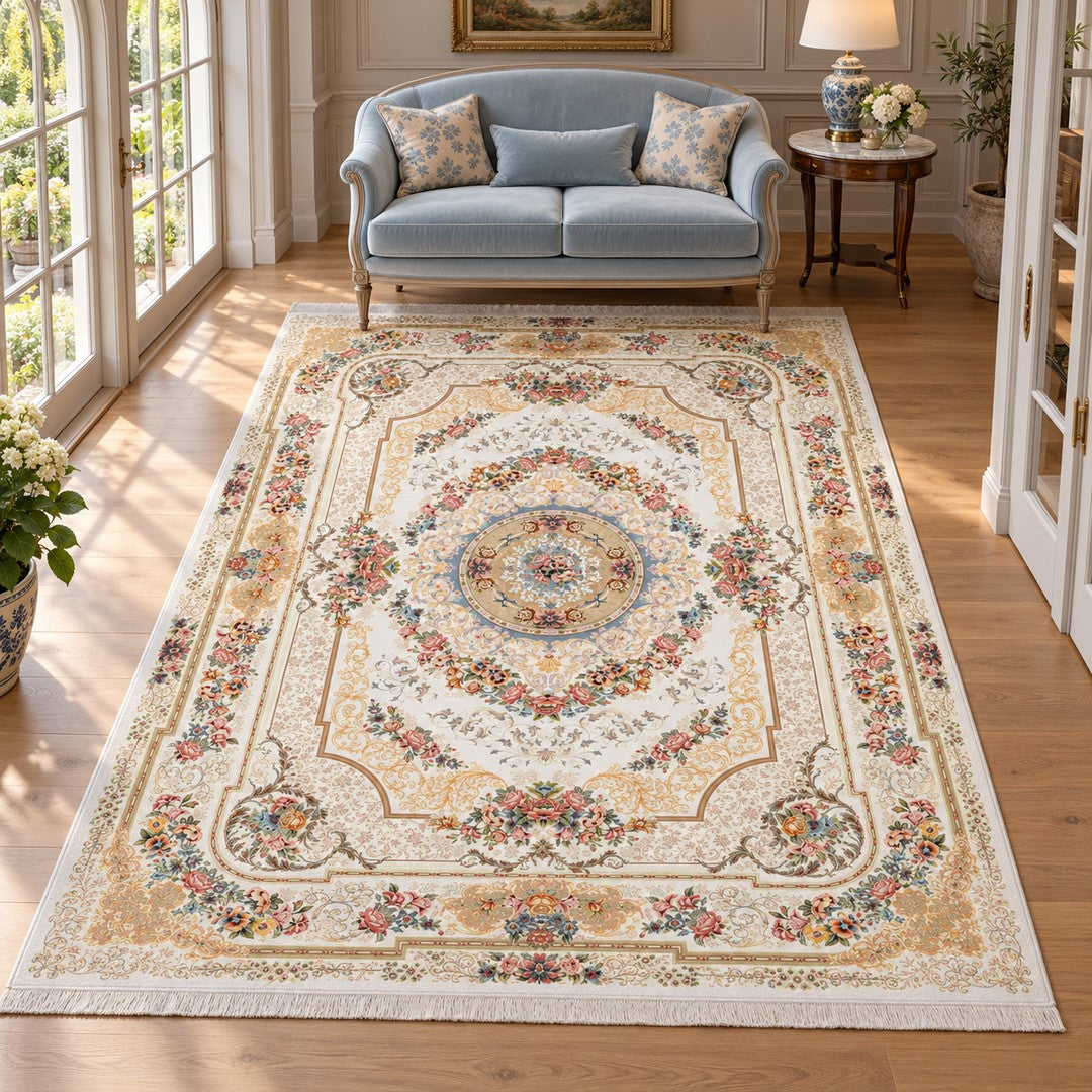 AI-generated interior visualization — Classic Carpet - Shanara, SKU 12RD128-0050, rug 300 × 200 cm; illustrative scale.