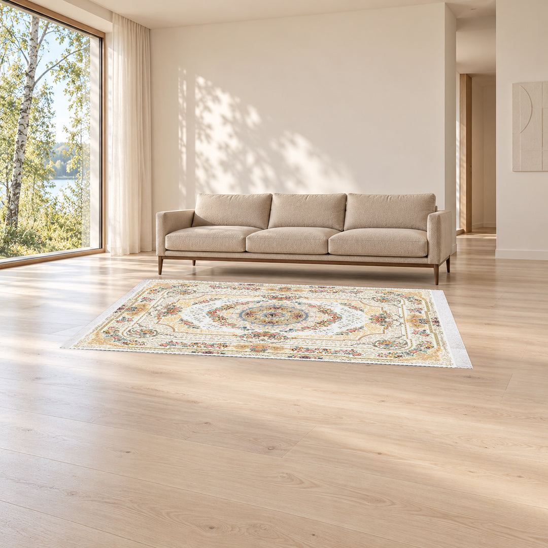 Classic Carpet - Shanara: original rug image digitally staged in a distinct contemporary home; nominal 300 × 200 cm