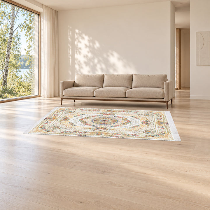 Classic Carpet - Shanara: original rug image digitally staged in a distinct contemporary home; nominal 300 × 200 cm