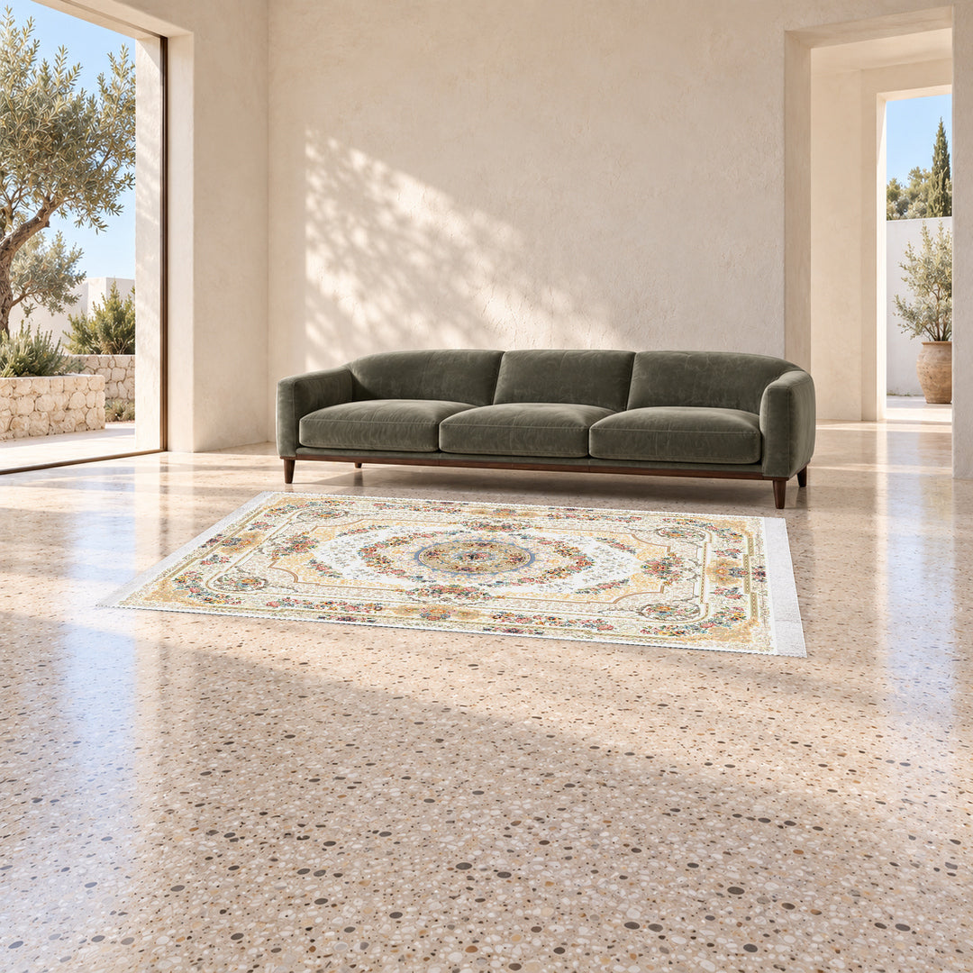 Classic Carpet - Shanara: original rug image digitally staged in a distinct contemporary home; nominal 300 × 200 cm