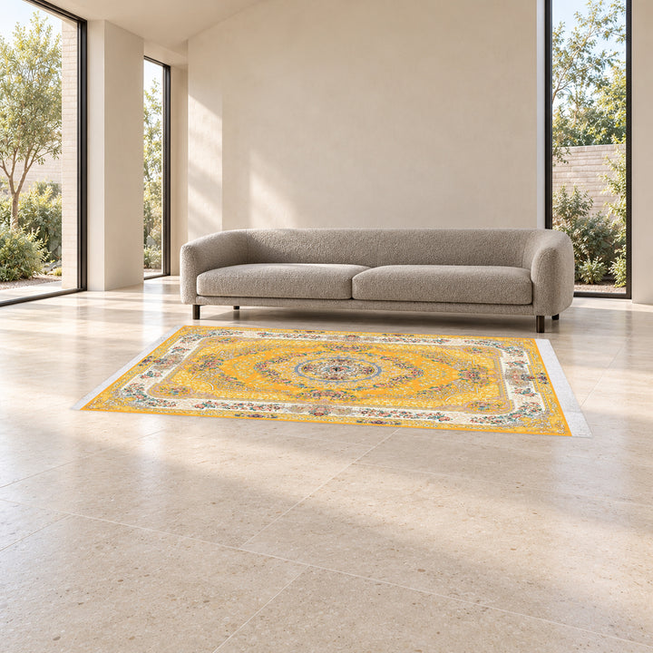 Classic Carpet - Shanara: original rug image digitally staged in a distinct contemporary home; nominal 300 × 200 cm