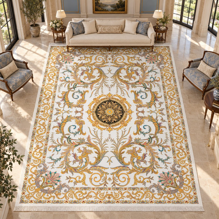 AI-generated interior visualization — Classic Carpet - Silk Palace, SKU 12RD135-0060, 600 x 400 cm. Illustrative scale.