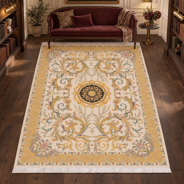 AI-generated interior visualization — Classic Carpet - Silk Palace, SKU 12RD135-0057, 300 x 200 cm. Illustrative scale.