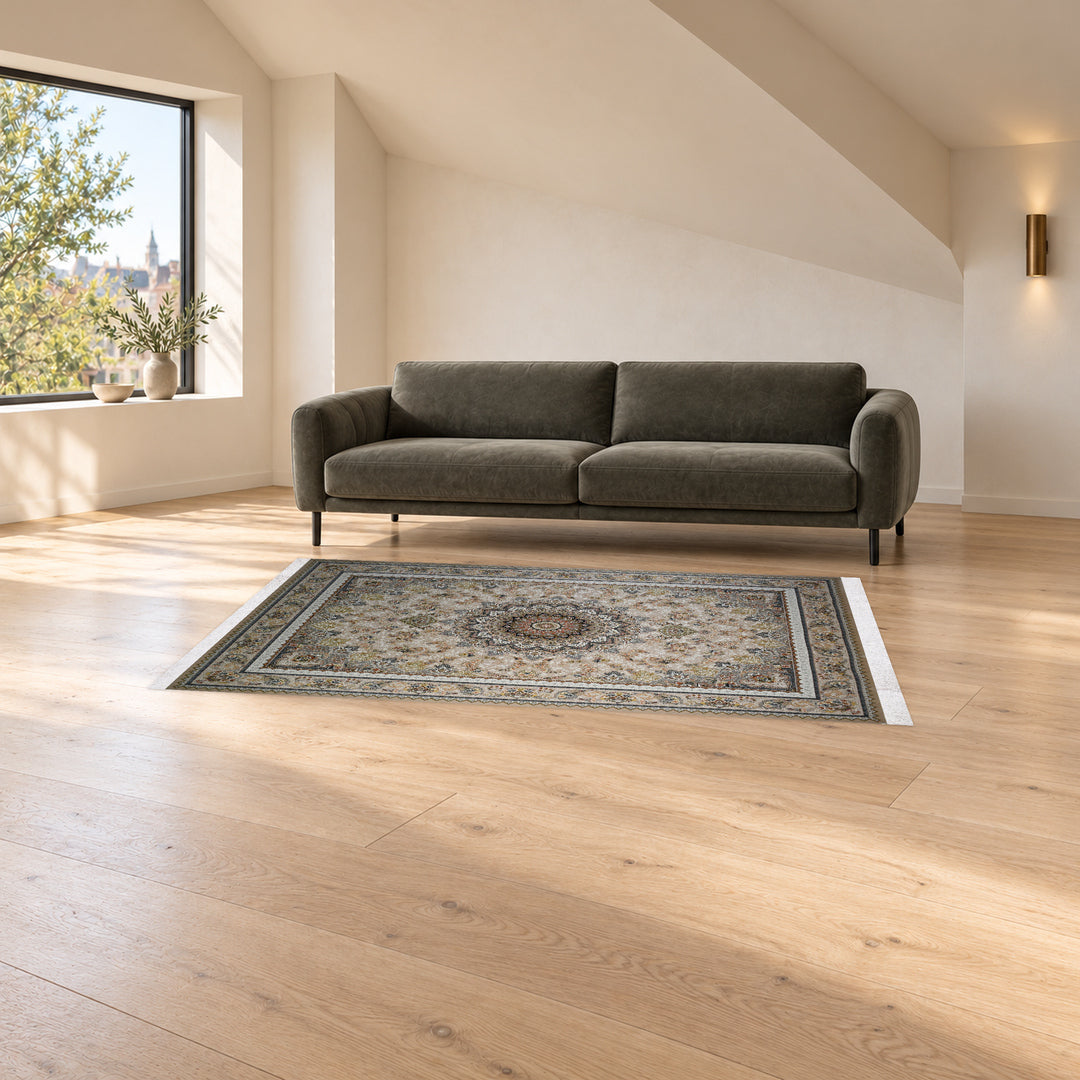 Classic Carpet - Silver Halo: original rug image digitally staged in a distinct contemporary home; nominal 225 × 150 cm