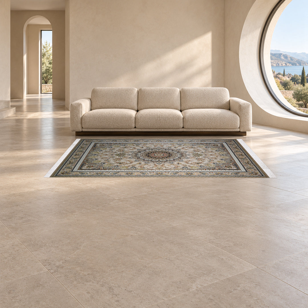 Classic Carpet - Silver Halo: original rug image digitally staged in a distinct contemporary home; nominal 225 × 150 cm