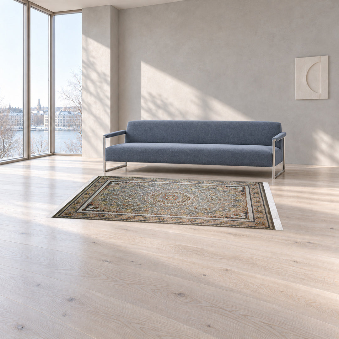 Classic Carpet - Silver Halo: original rug image digitally staged in a distinct contemporary home; nominal 225 × 150 cm