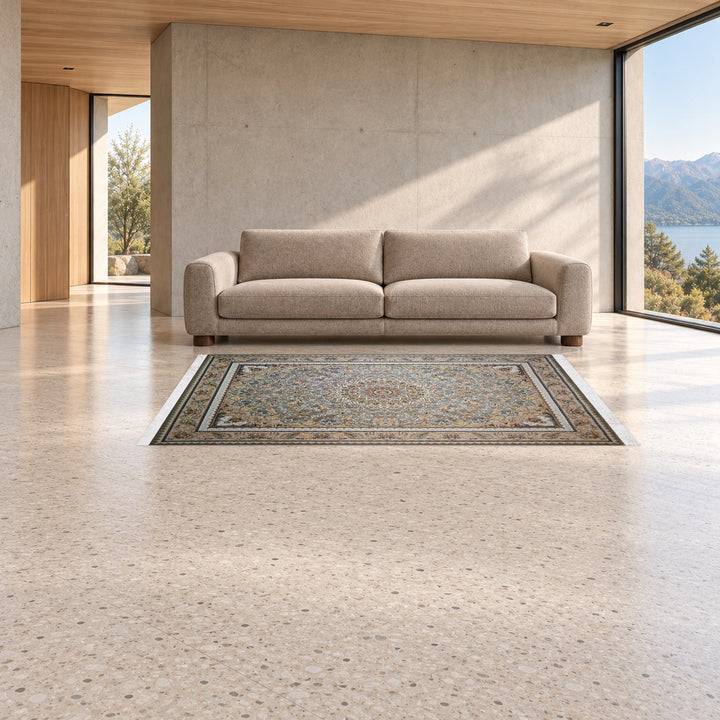 Classic Carpet - Silver Halo: original rug image digitally staged in a distinct contemporary home; nominal 225 × 150 cm
