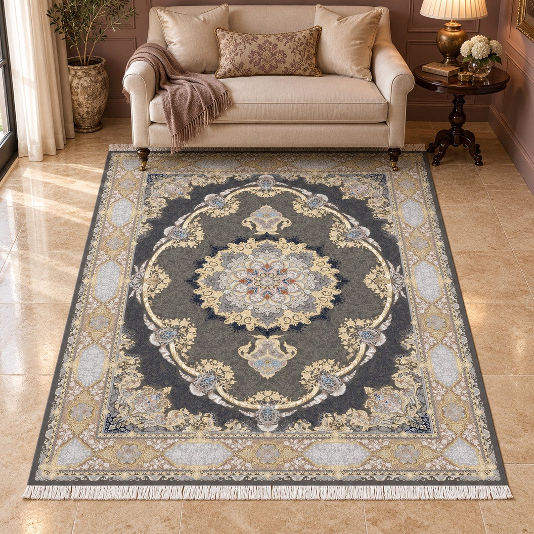 AI-generated interior visualization — Classic Carpet - Valencia, SKU 7RD156-0385, 225 x 150 cm. Illustrative scale.