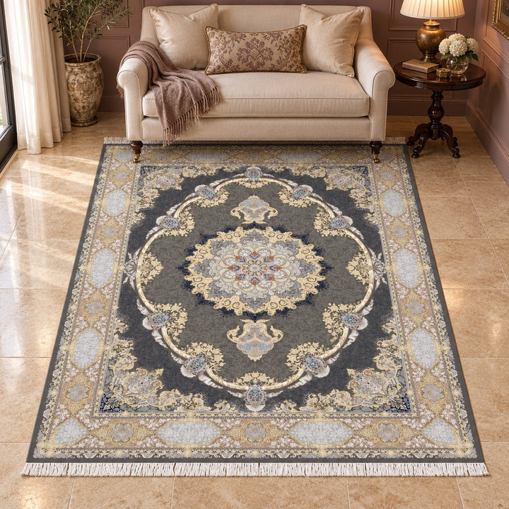 AI-generated interior visualization — Classic Carpet - Valencia, SKU 7RD156-0385, 225 x 150 cm. Illustrative scale.