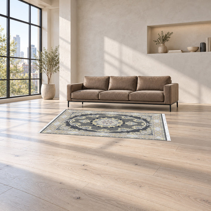 Classic Carpet - Valencia: original rug image digitally staged in a distinct contemporary home; nominal 225 × 150 cm