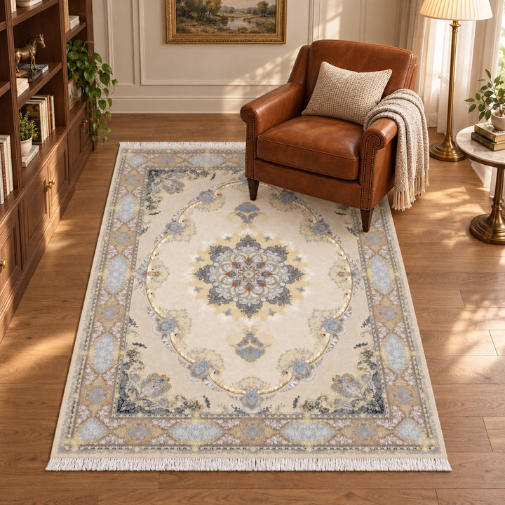 AI-generated interior visualization — Classic Carpet - Valencia, SKU 7RD156-0382, 225 x 150 cm. Illustrative scale.