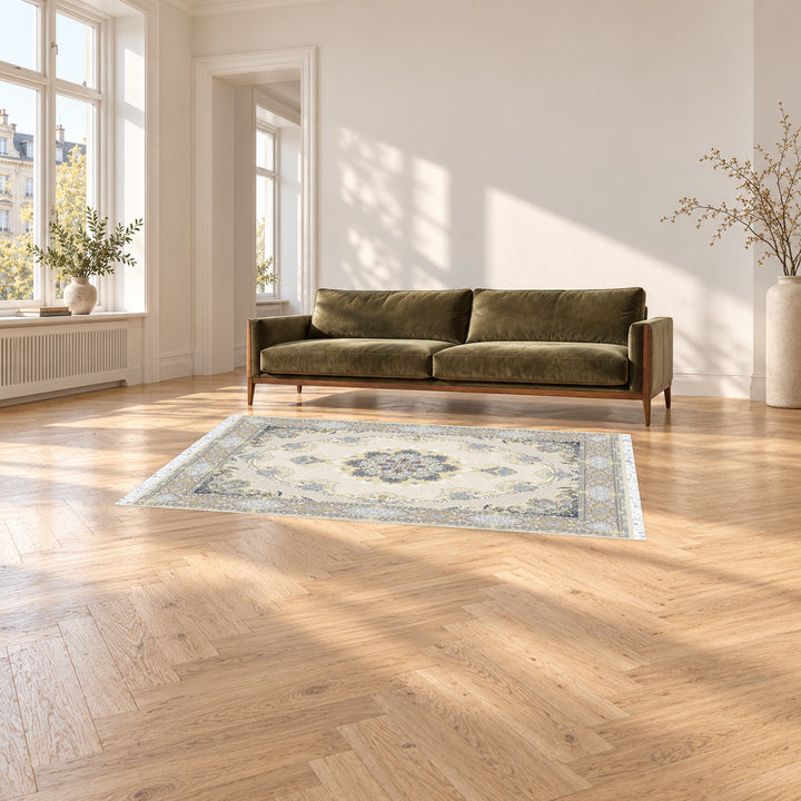 Classic Carpet - Valencia: original rug image digitally staged in a distinct contemporary home; nominal 225 × 150 cm