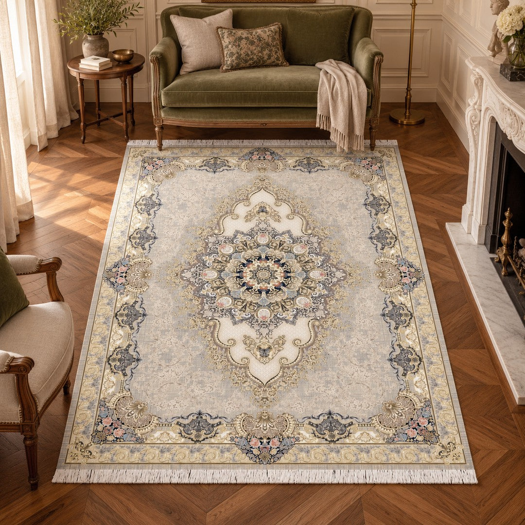 AI-generated interior visualization — Classic Carpet - Verona, SKU 7RD160-0403, 225 x 150 cm. Illustrative scale.