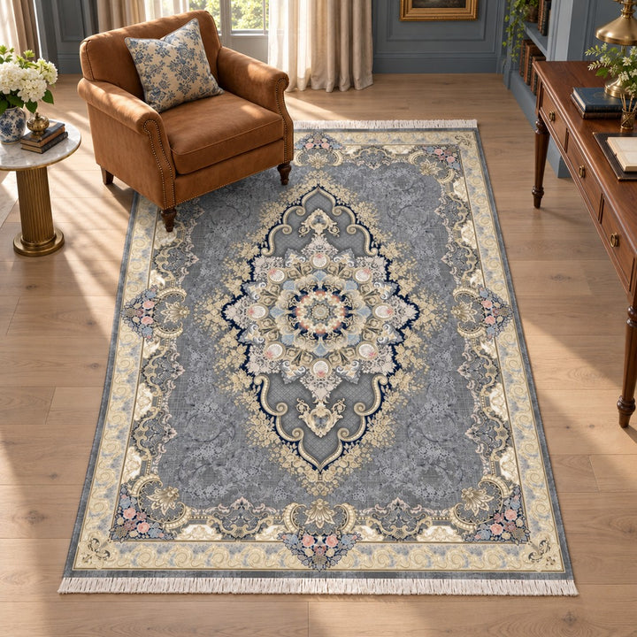 AI-generated interior visualization — Classic Carpet - Verona, SKU 7RD160-0406, 225 x 150 cm. Illustrative scale.