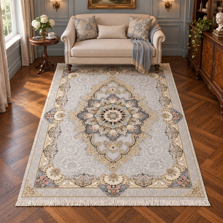 AI-generated interior visualization — Classic Carpet - Verona, SKU 7RD160-0409, 225 x 150 cm. Illustrative scale.