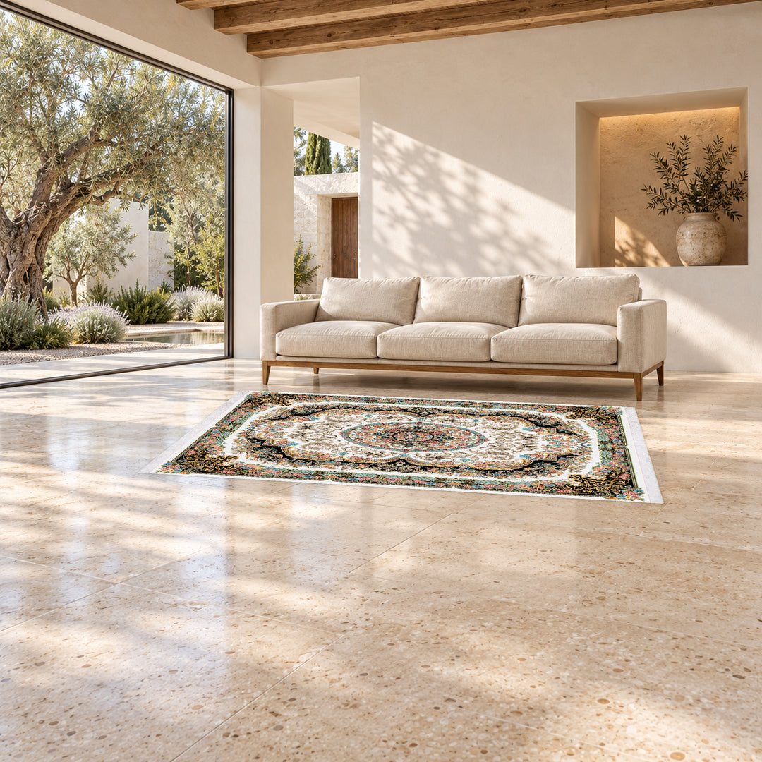 Classic Carpet - Vivera: original rug image digitally staged in a distinct contemporary home; nominal 300 × 200 cm