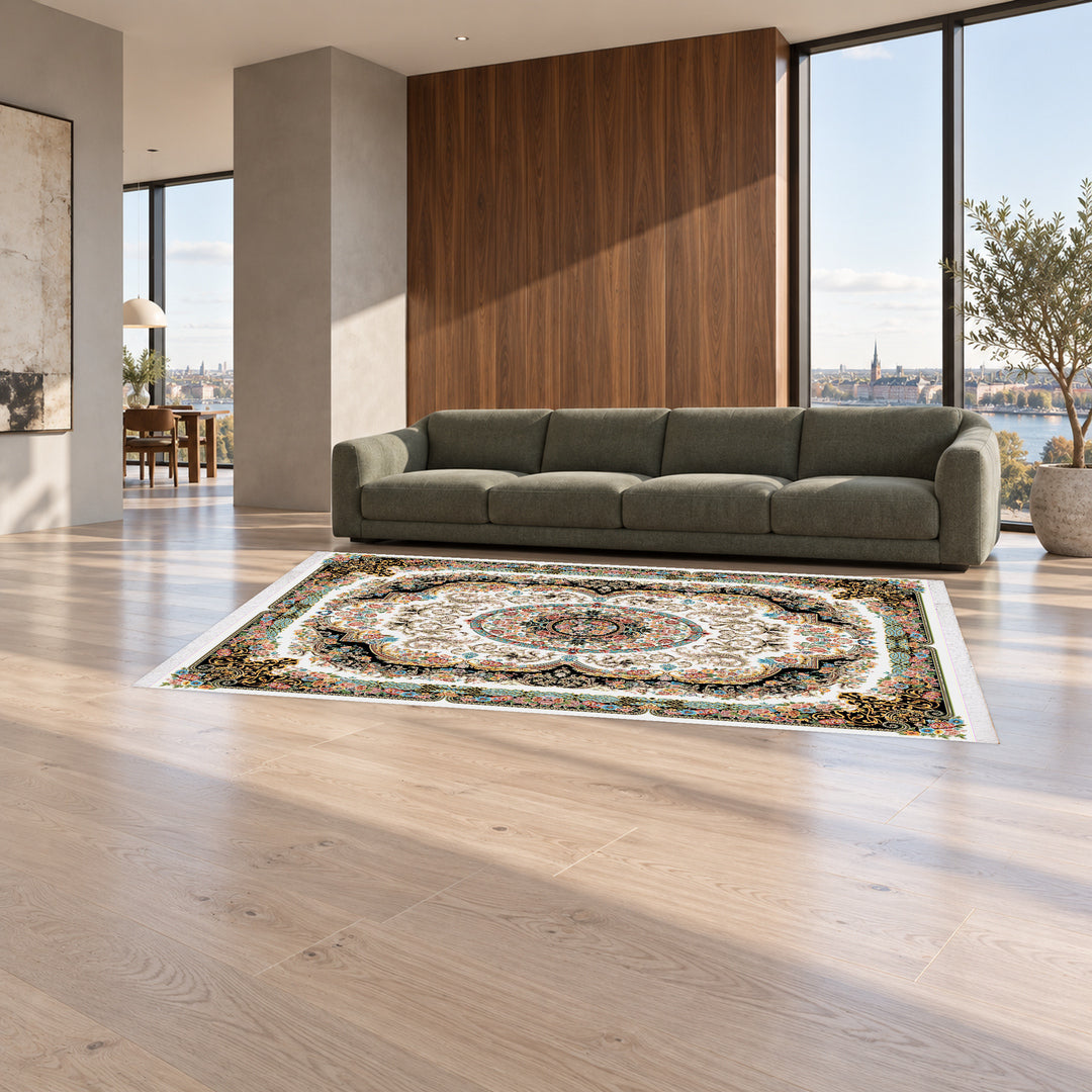 Classic Carpet - Vivera: original rug image digitally staged in a distinct contemporary home; nominal 300 × 200 cm