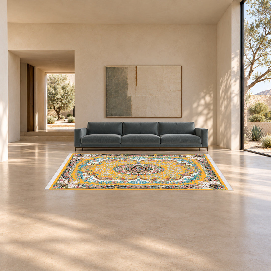 Classic Carpet - Vivera: original rug image digitally staged in a distinct contemporary home; nominal 300 × 200 cm