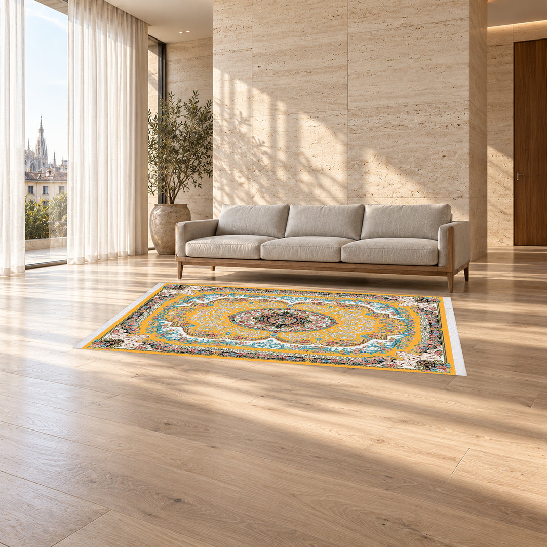 Classic Carpet - Vivera: original rug image digitally staged in a distinct contemporary home; nominal 300 × 200 cm