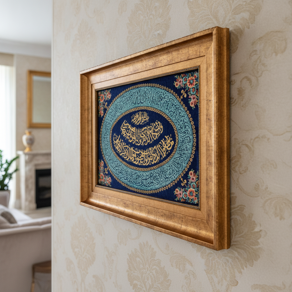 Ayat Quran Persian handmade silk rug in Dark Blue, 61 × 41cm