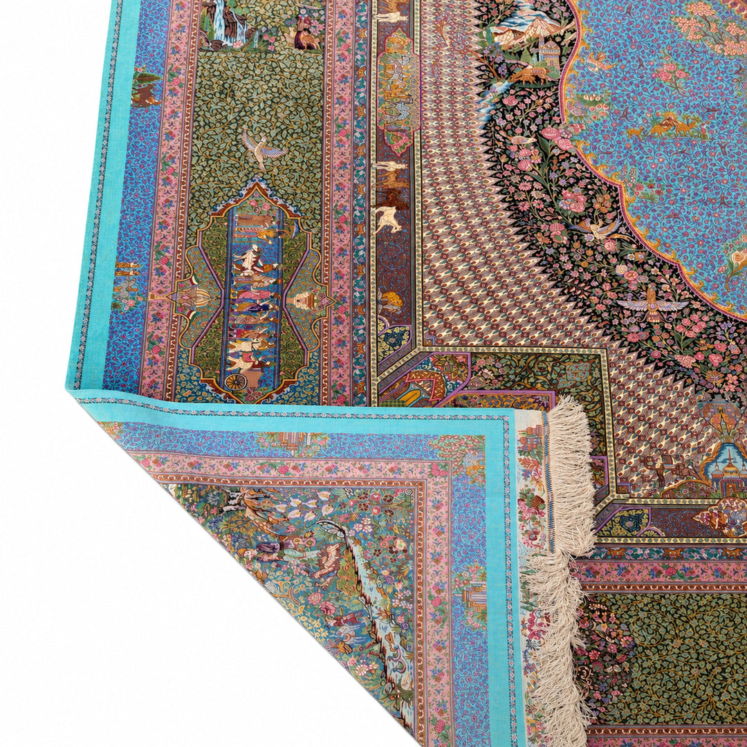Pictorial Garden rug 0840 - turned corner showing reverse weave and fringe