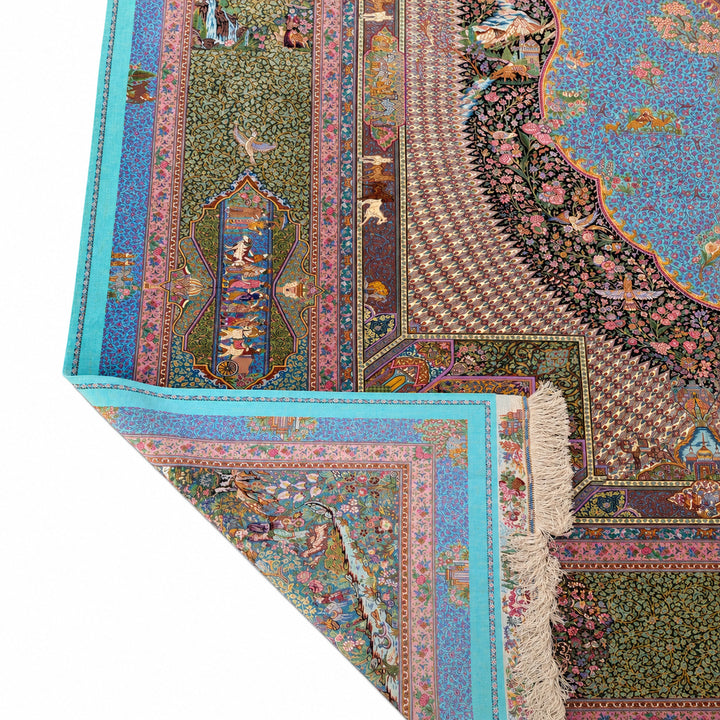 Pictorial Garden rug 0840 - turned corner showing reverse weave and fringe