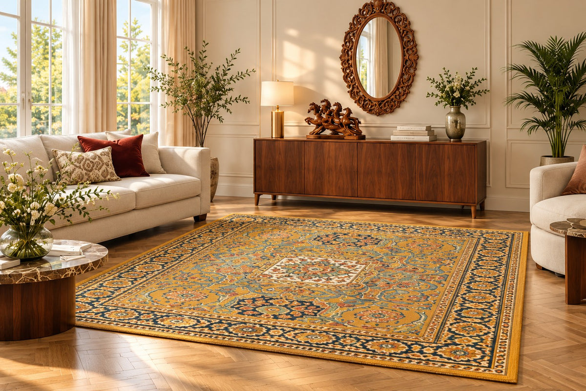 AI-styled living room with Adriatica floor rug, running horses sculpture and brown oval wall mirror. Accessory scale is illustrative.