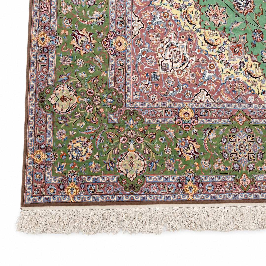 Medallion Shah Abbasi rug - front border and fringe detail on white background