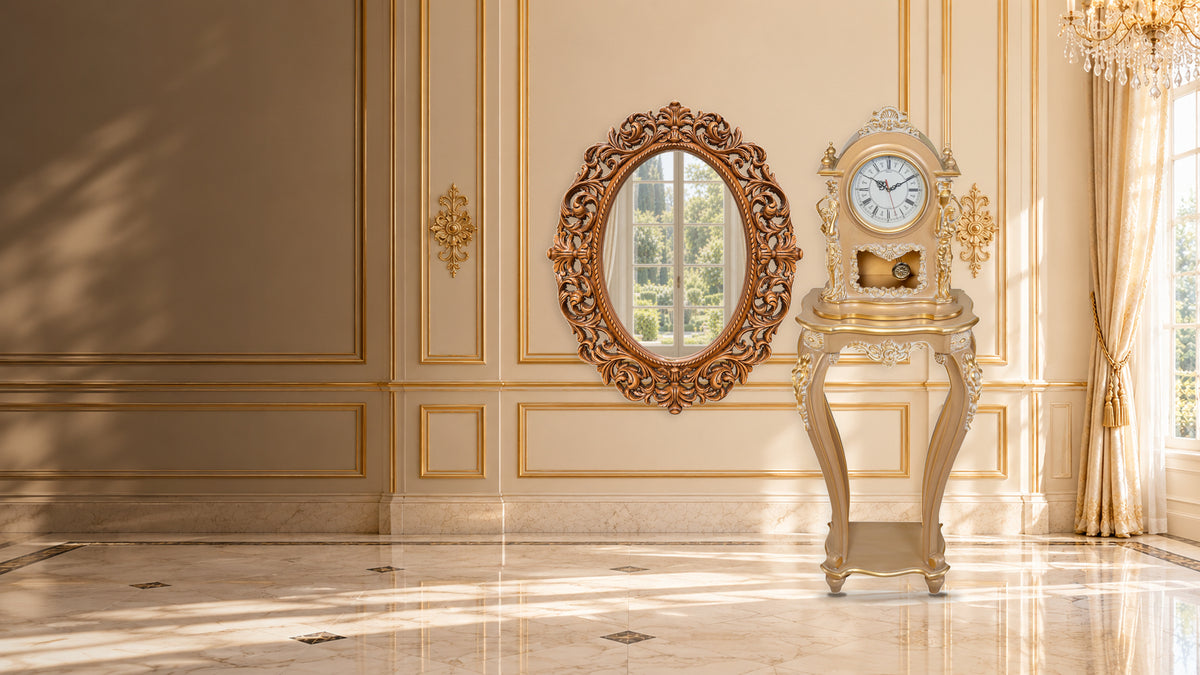 Melody Home Decor: Royal Clock with Stand in Gold and Royal Scroll Oval Mirror in Brown in an AI-styled royal salon.